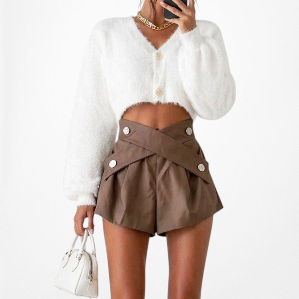 Brown Button Front Criss-Cross Flared High Waisted Shorts Size S
